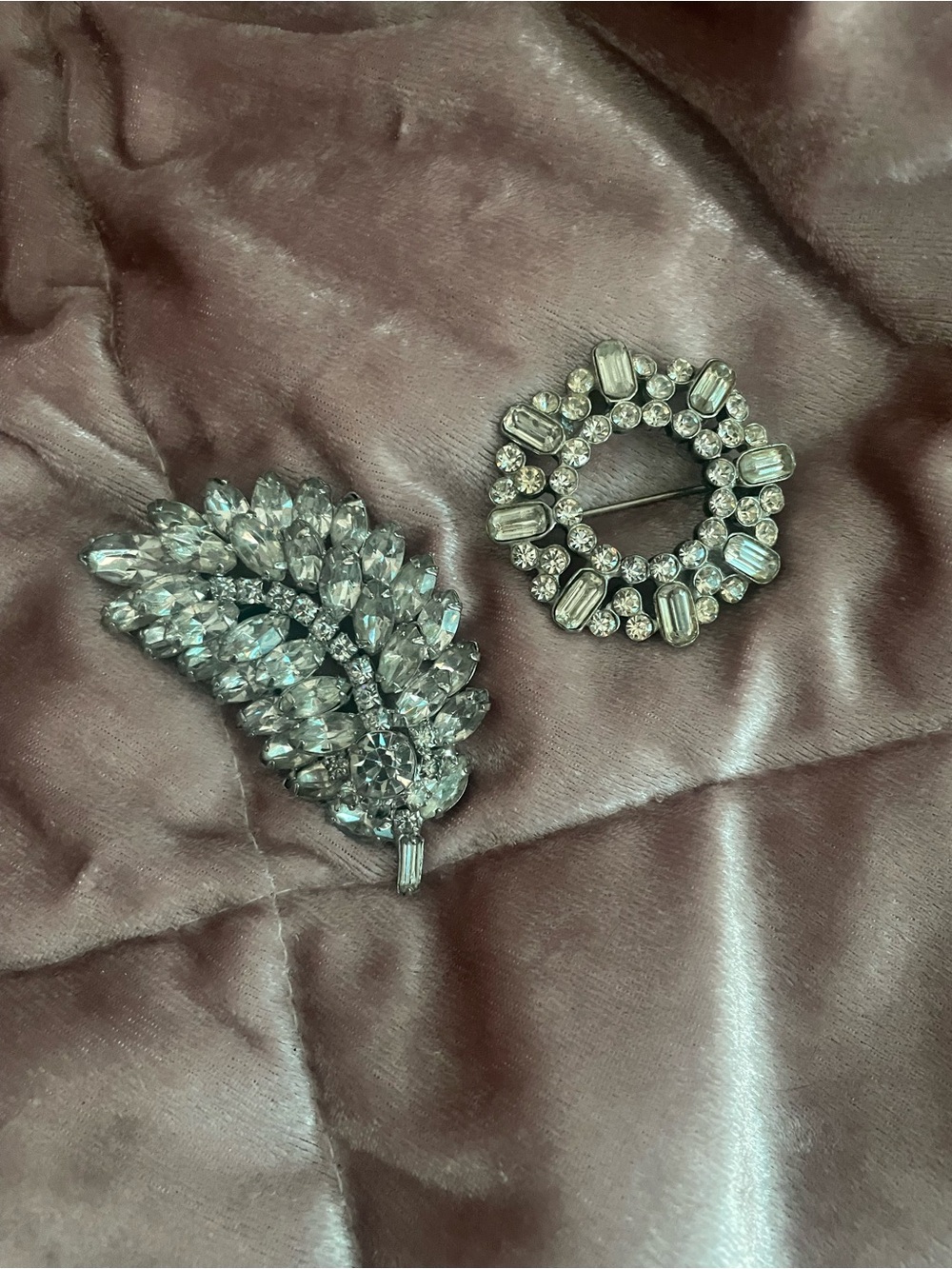 Unmarked Crystal Leaf and Circle Brooch Set - Silver-Tone Rhinestone Pins